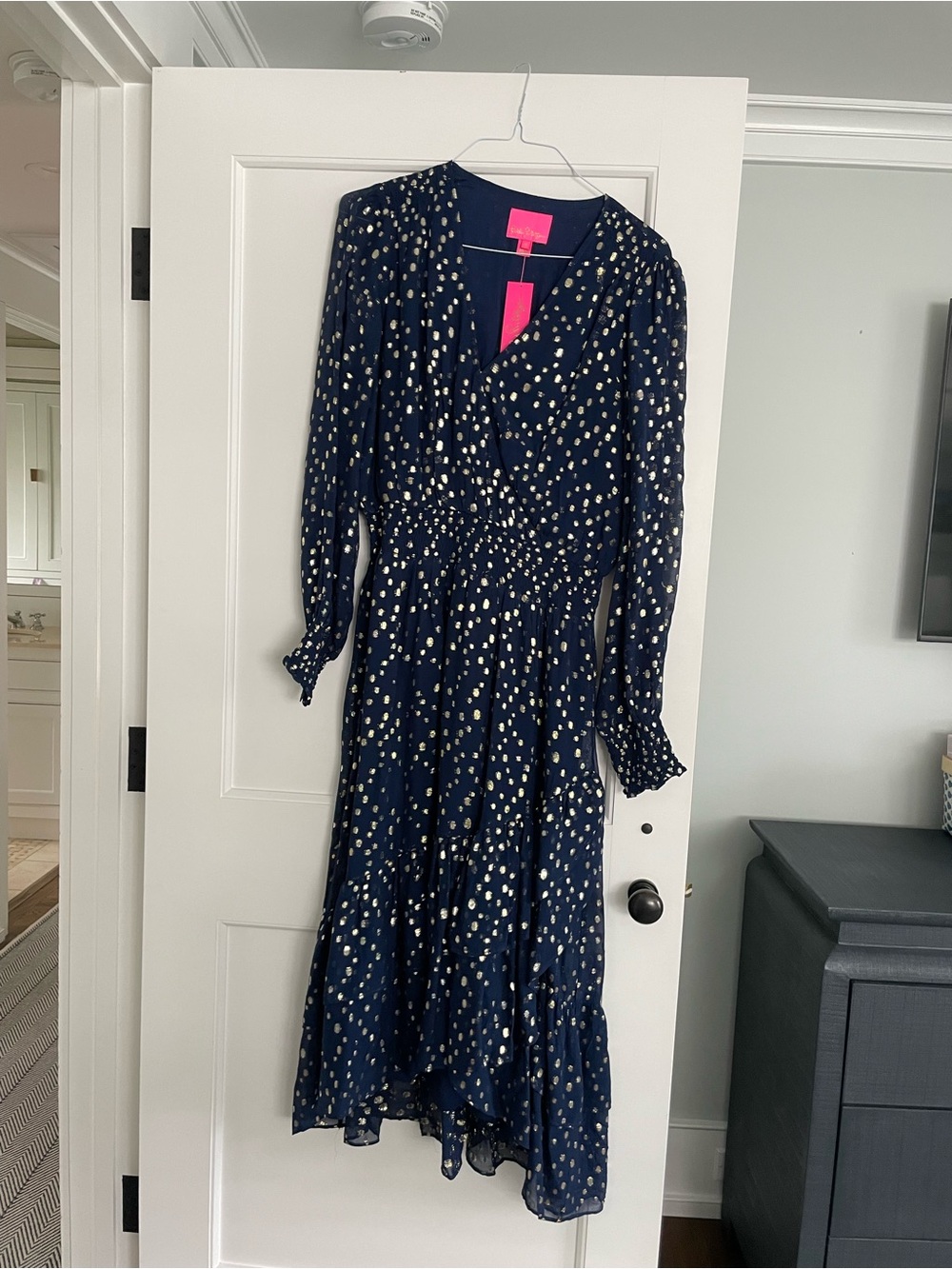 Lilly Pulitzer Navy Dress with Gold Polka Dot Print